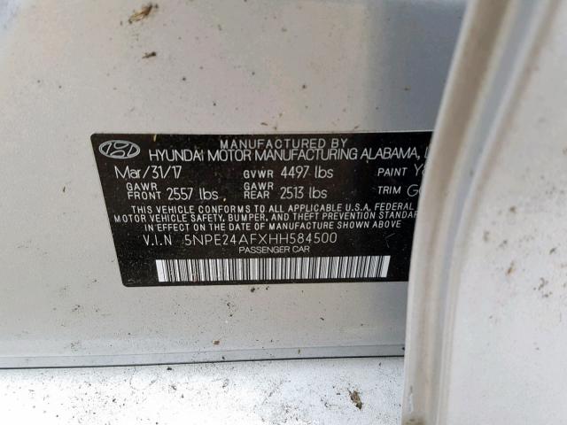 5NPE24AFXHH584500 - 2017 HYUNDAI SONATA SE SILVER photo 10