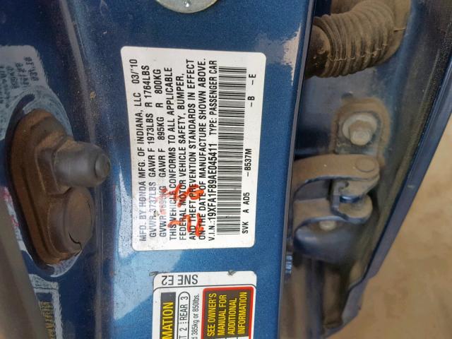 19XFA1F89AE045411 - 2010 HONDA CIVIC EX BLUE photo 10