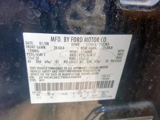 2FMDK36C78BA58899 - 2008 FORD EDGE SE BLACK photo 10