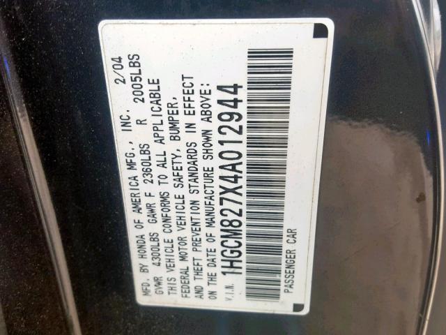1HGCM827X4A012944 - 2004 HONDA ACCORD EX CHARCOAL photo 10