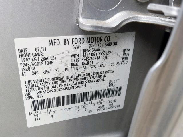 2FMDK3JC4BBB58411 - 2011 FORD EDGE SEL SILVER photo 10