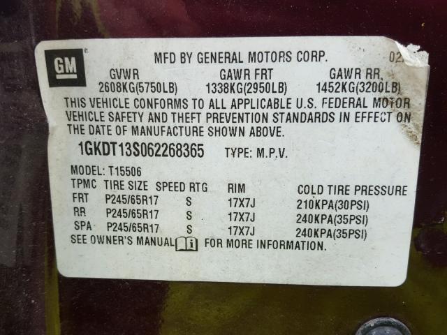 1GKDT13S062268365 - 2006 GMC ENVOY MAROON photo 10