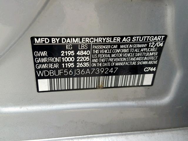 WDBUF56J36A739247 - 2006 MERCEDES-BENZ E 350 SILVER photo 10