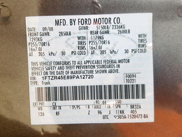 1FTZR45E89PA12720 - 2009 FORD RANGER SUP GRAY photo 10