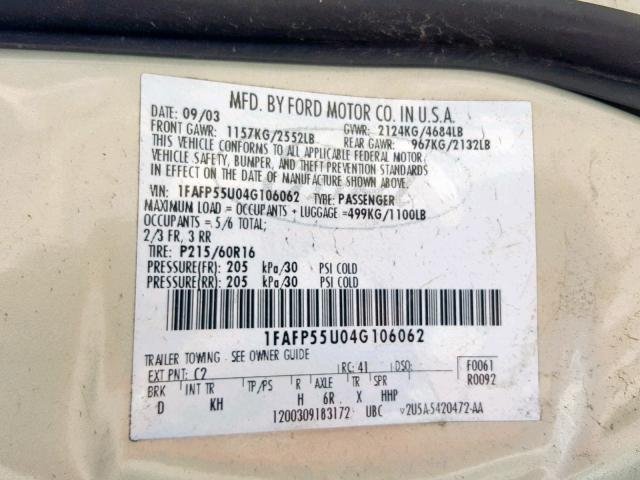 1FAFP55U04G106062 - 2004 FORD TAURUS SES BEIGE photo 10