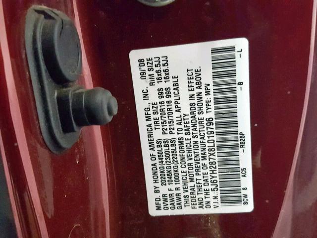 5J6YH287X8L019796 - 2008 HONDA ELEMENT EX RED photo 10