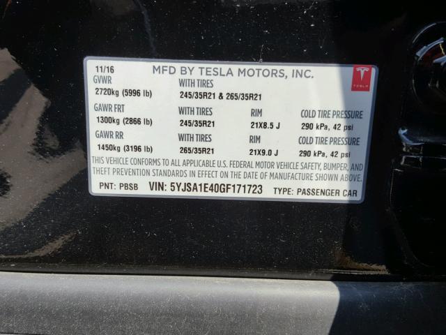 5YJSA1E40GF171723 - 2016 TESLA MODEL S შავი ფოტო 10