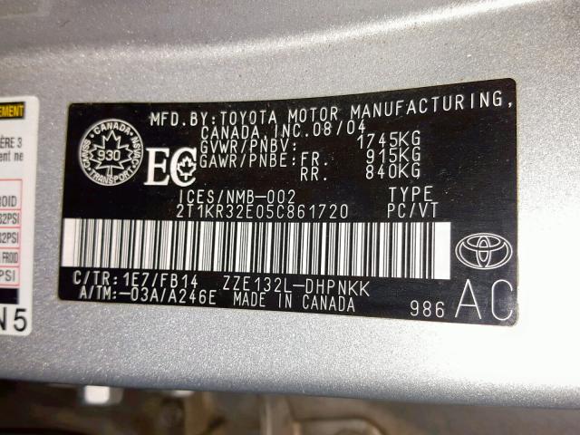 2T1KR32E05C861720 - 2005 TOYOTA COROLLA MA GRAY photo 10