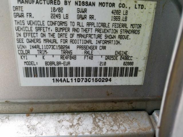 1N4AL11D73C150294 - 2003 NISSAN ALTIMA BASE  photo 10