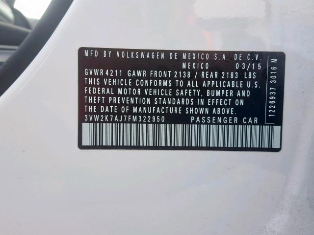 3VW2K7AJ7FM322950 - 2015 VOLKSWAGEN JETTA BASE WHITE photo 10