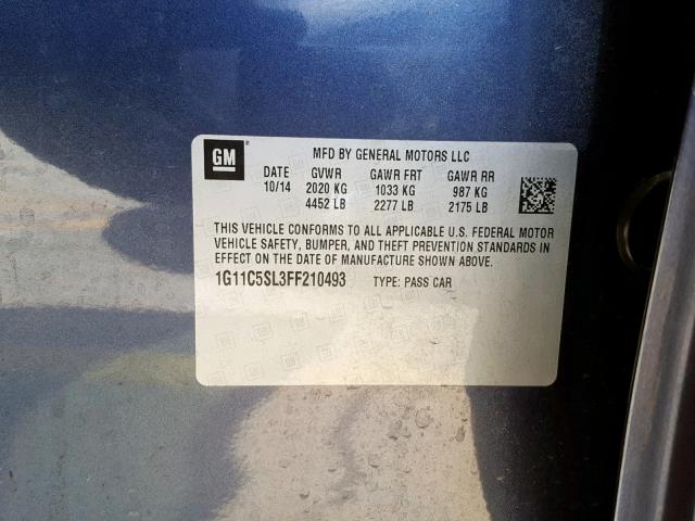 1G11C5SL3FF210493 - 2015 CHEVROLET MALIBU 1LT 蓝色 照片 10