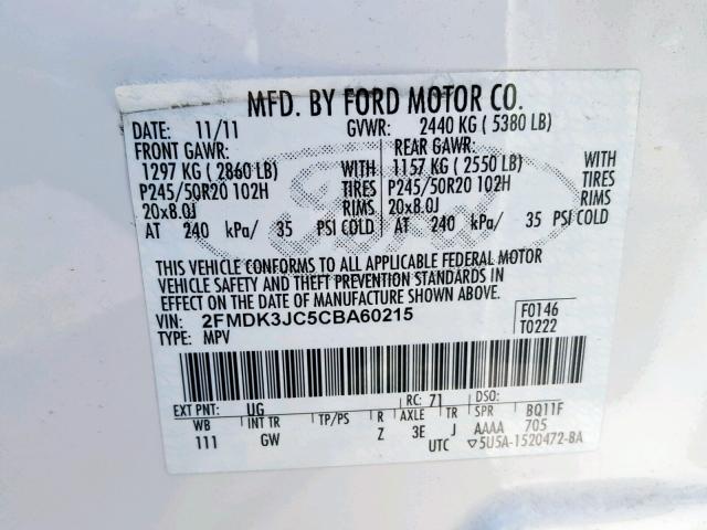 2FMDK3JC5CBA60215 - 2012 FORD EDGE SEL WHITE photo 10