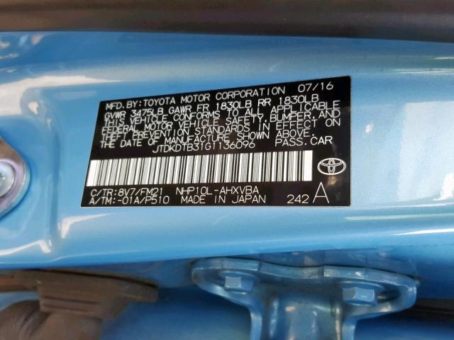 JTDKDTB31G1136096 - 2016 TOYOTA PRIUS C BLUE photo 10