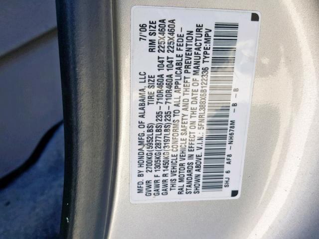 5FNRL388X6B122336 - 2006 HONDA ODYSSEY TO SILVER photo 10