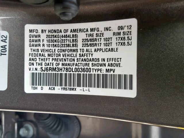 5J6RM3H78DL003600 - 2013 HONDA CR-V EXL SILVER photo 10