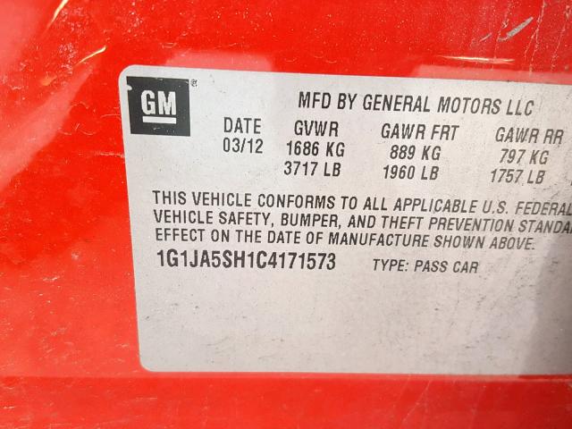 1G1JA5SH1C4171573 - 2012 CHEVROLET SONIC LS RED photo 10