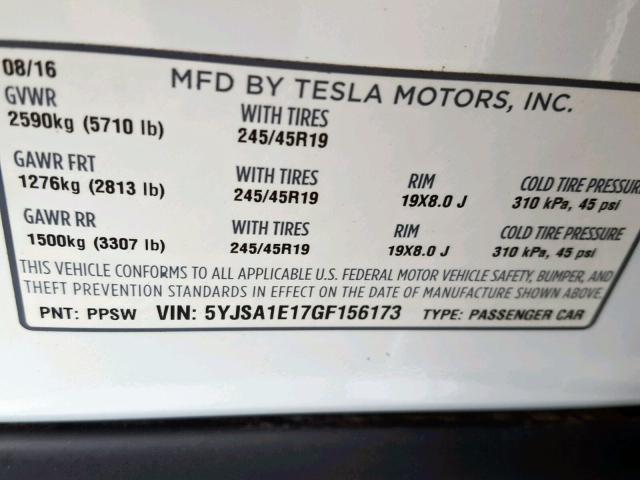 5YJSA1E17GF156173 - 2016 TESLA MODEL S WHITE photo 10