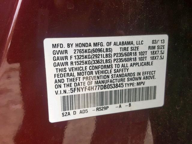 5FNYF4H77DB053845 - 2013 HONDA PILOT EXLN BURGUNDY photo 10