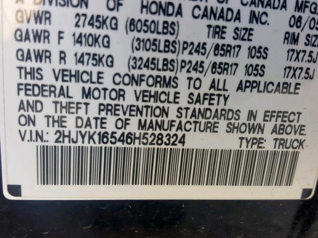 2HJYK16546H528324 - 2006 HONDA RIDGELINE BLACK photo 10