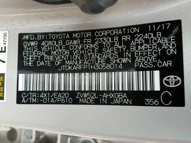 JTDKARFP1H3058014 - 2017 TOYOTA PRIUS PRIM 棕色 照片 10