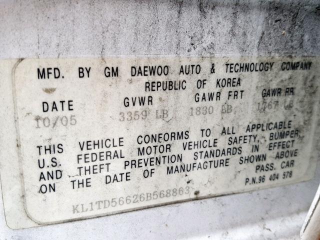 KL1TD56626B568863 - 2006 CHEVROLET AVEO BASE თეთრი ფოტო 10