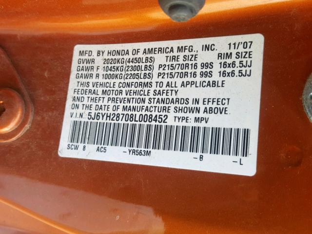 5J6YH28708L008452 - 2008 HONDA ELEMENT EX ORANGE photo 10