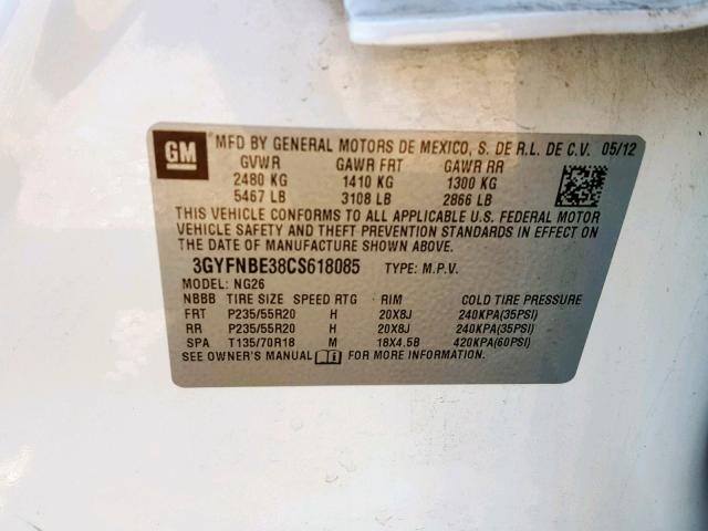 3GYFNBE38CS618085 - 2012 CADILLAC SRX PERFOR Ağ foto 10