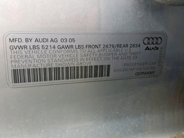 WAUDG74F15N104783 - 2005 AUDI A6 3.2 QUA SILVER photo 10