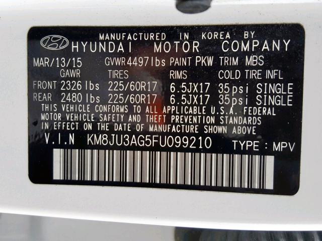 KM8JU3AG5FU099210 - 2015 HYUNDAI TUCSON LIM WHITE photo 10