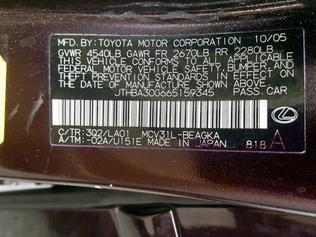 JTHBA30G665159345 - 2006 LEXUS ES 330 BURGUNDY photo 10