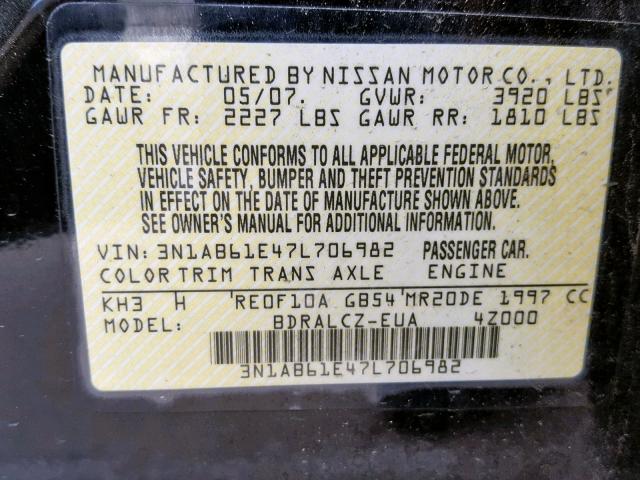 3N1AB61E47L706982 - 2007 NISSAN SENTRA 2.0 BLACK photo 10