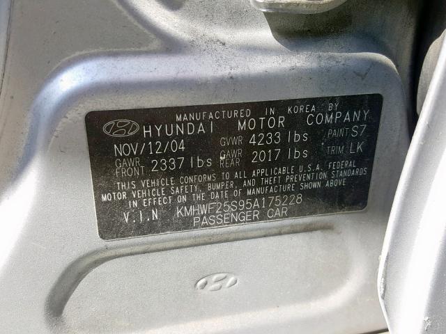 KMHWF25S95A175228 - 2005 HYUNDAI SONATA GL SILVER photo 10