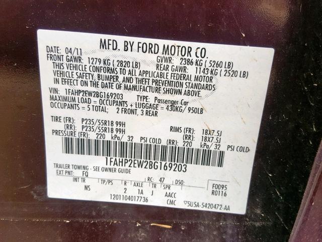 1FAHP2EW2BG169203 - 2011 FORD TAURUS SEL PURPLE photo 10