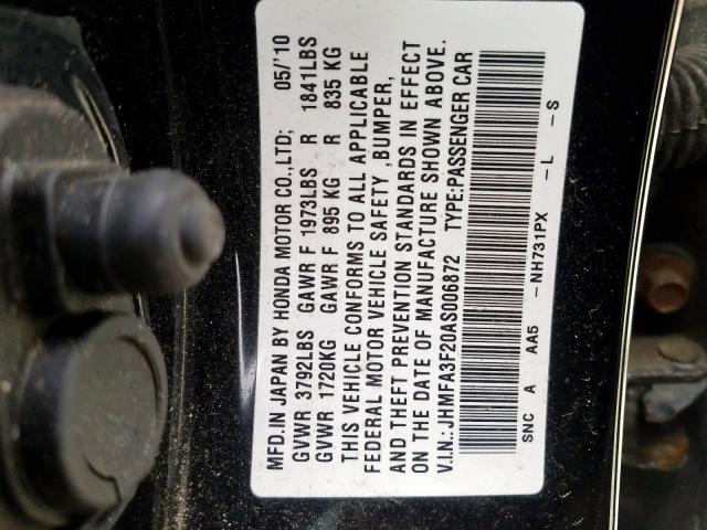 JHMFA3F20AS006872 - 2010 HONDA CIVIC HYBRID  photo 10