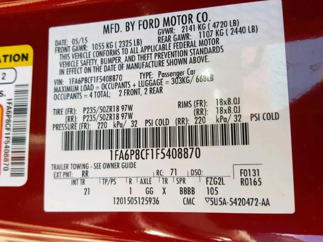 1FA6P8CF1F5408870 - 2015 FORD MUSTANG GT RED photo 10