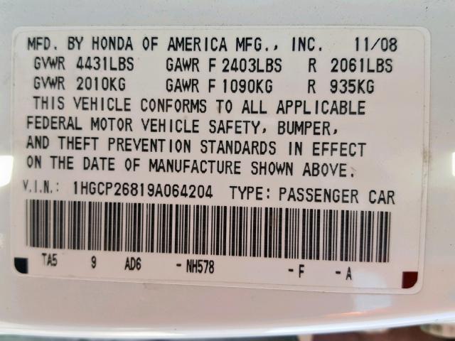 1HGCP26819A064204 - 2009 HONDA ACCORD EXL WHITE photo 10