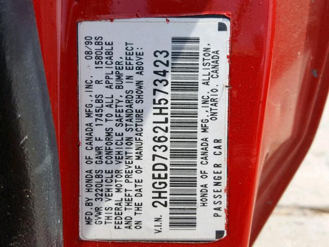 2HGED7362LH573423 - 1990 HONDA CIVIC SI RED photo 10