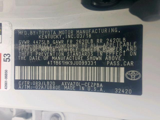 4T1B61HK9JU099331 - 2018 TOYOTA CAMRY XSE WHITE photo 10