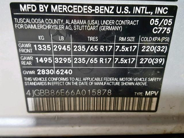 4JGBB86E66A015878 - 2006 MERCEDES-BENZ ML 350 SILVER photo 10