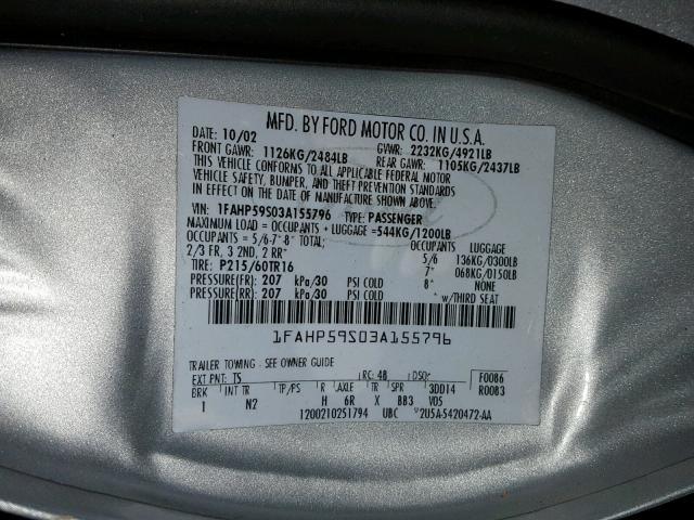 1FAHP59S03A155796 - 2003 FORD TAURUS SEL SILVER photo 10