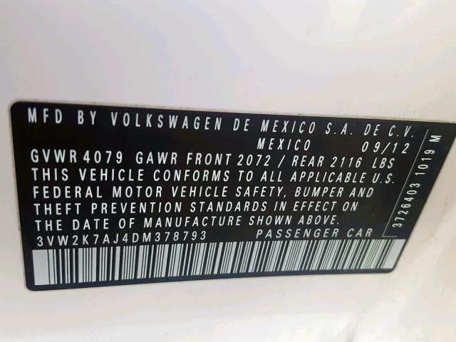 3VW2K7AJ4DM378793 - 2013 VOLKSWAGEN JETTA BASE 白色 照片 10