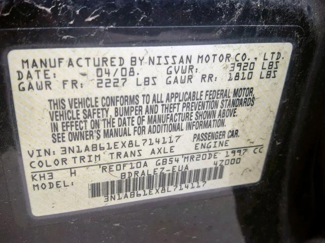 3N1AB61EX8L714117 - 2008 NISSAN SENTRA 2.0 BLACK photo 10