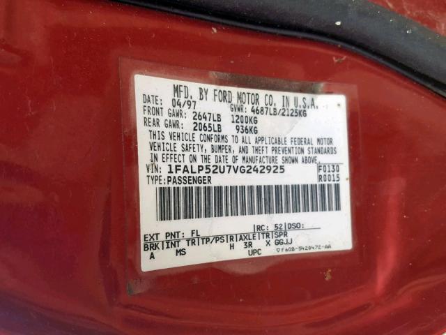 1FALP52U7VG242925 - 1997 FORD TAURUS GL RED photo 10