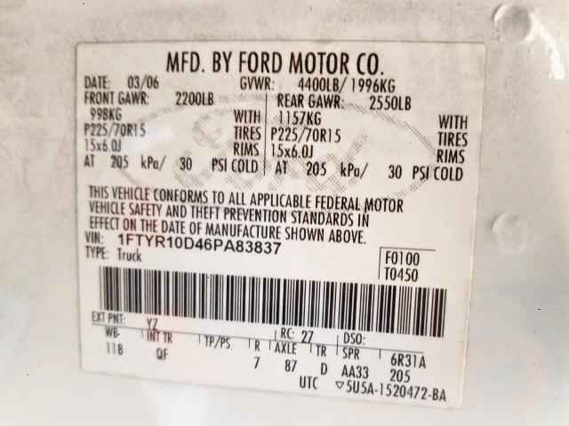 1FTYR10D46PA83837 - 2006 FORD RANGER  photo 10