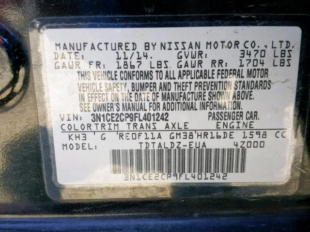 3N1CE2CP9FL401242 - 2015 NISSAN VERSA NOTE BLACK photo 10