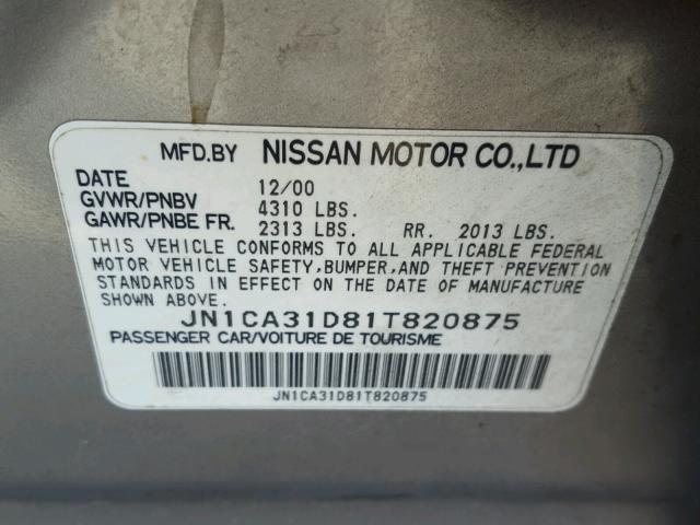 JN1CA31D81T820875 - 2001 NISSAN MAXIMA GXE SILVER photo 10