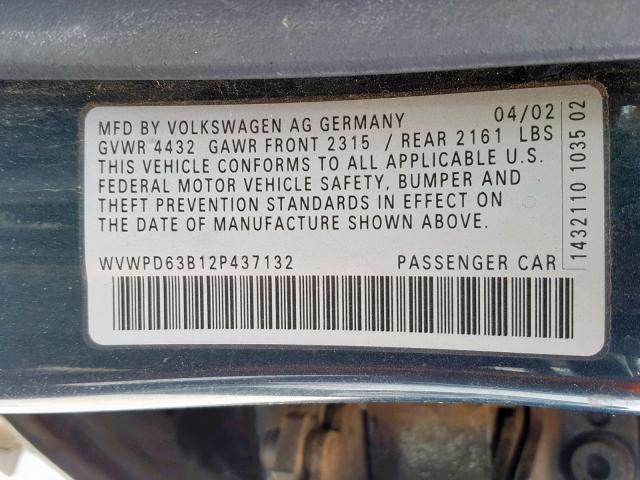 WVWPD63B12P437132 - 2002 VOLKSWAGEN PASSAT GLS BLUE photo 10