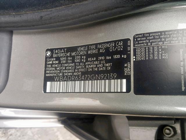 WBADR63472GN92139 - 2002 BMW 540 IT AUT GRAY photo 10