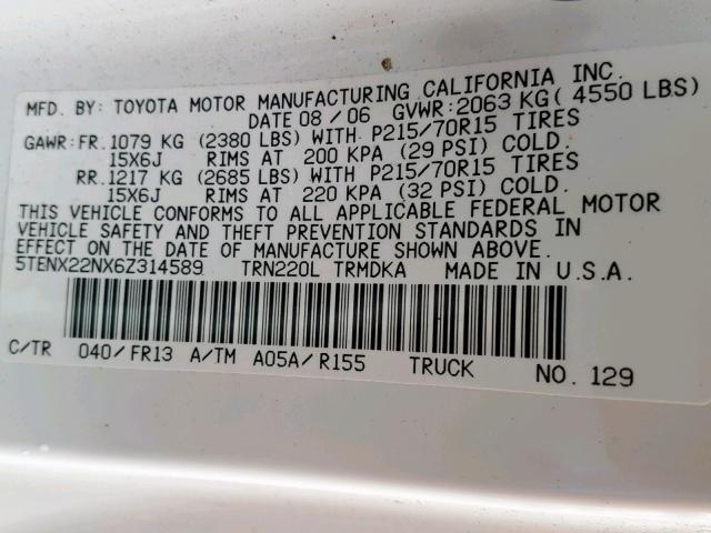 5TENX22NX6Z314589 - 2006 TOYOTA TACOMA WHITE photo 10