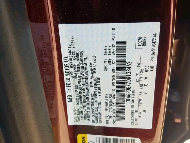 3FA6P0G77DR138462 - 2013 FORD FUSION S MAROON photo 10